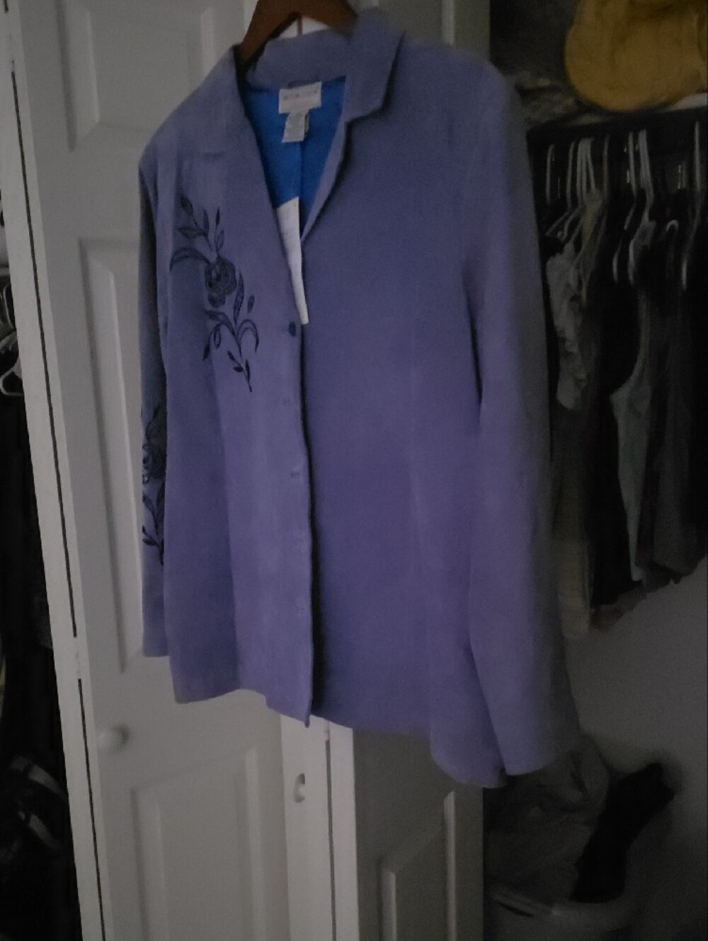 Victor Costa Lavender Suede Jacket with Black Floral Embroidery - Picture 5 of 11